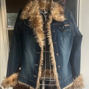 Billabong Dark Blue Denim Jacket with Tan Faux Fur Trim